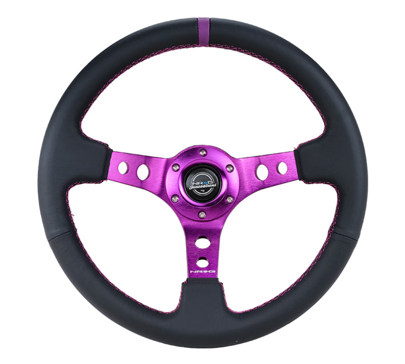 NRG Reinforced Steering Wheel (350mm / 3in. Deep) Black Leather w/Purple Center & Purple Stitching - Blais Performance Parts