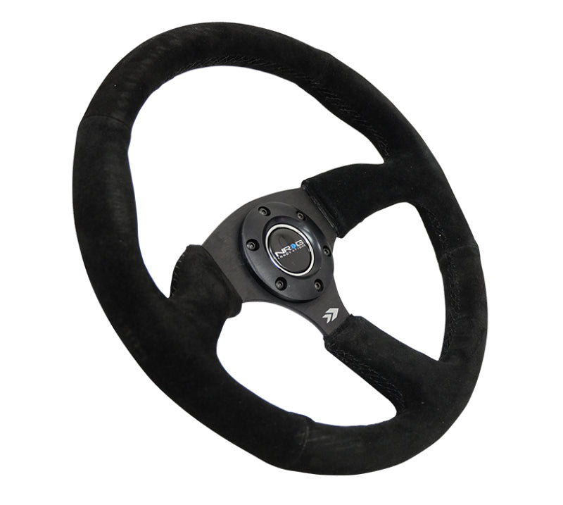 NRG Reinforced Steering Wheel (350mm / 2.5in. Deep) Blk Suede Comfort Grip w/5mm Matte Blk Spokes - Blais Performance Parts