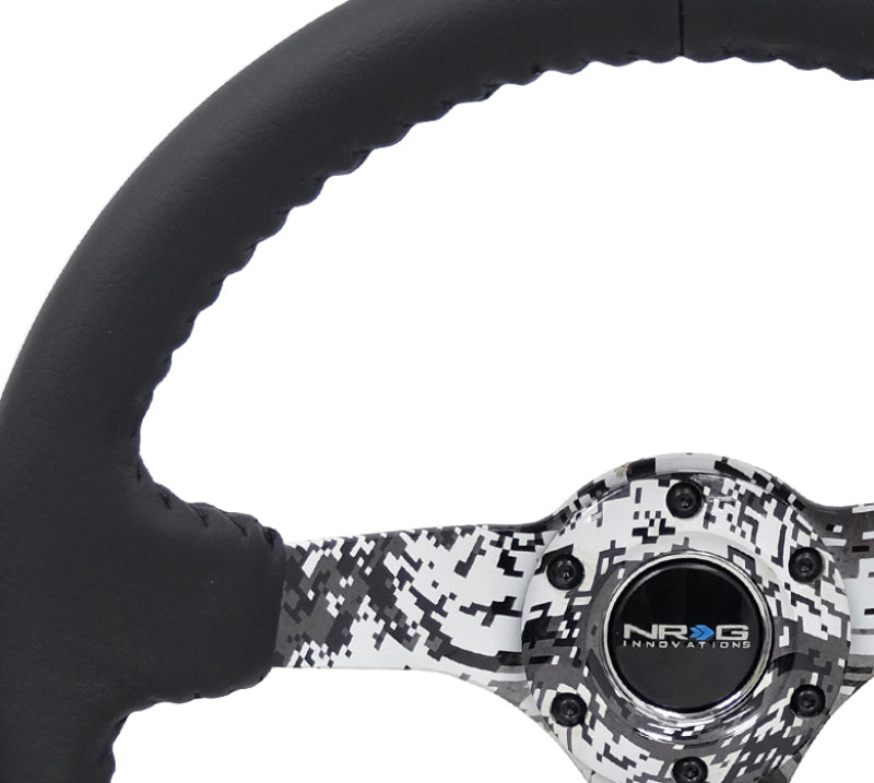 NRG Reinforced Steering Wheel (350mm / 3in. Deep) Blk Leather w/Hydrodipped Digi-Camo Spokes - Blais Performance Parts