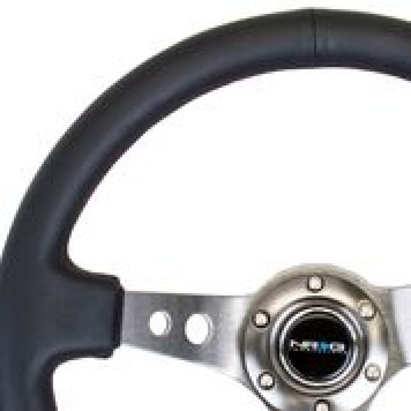 NRG Reinforced Steering Wheel (350mm / 3in. Deep) Blk Leather w/Gunmetal Circle Cutout Spokes - Blais Performance Parts