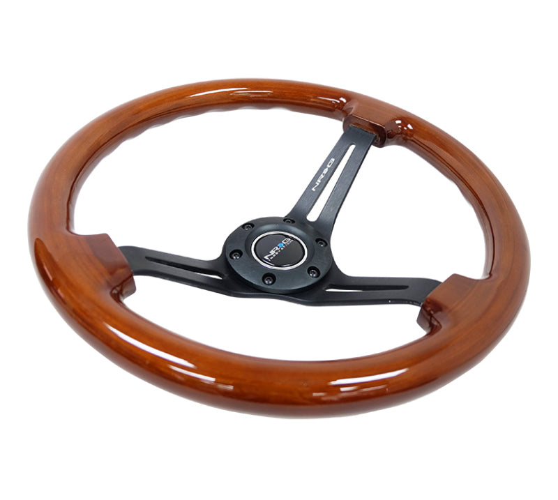 NRG Reinforced Steering Wheel (350mm / 3in. Deep) Brown Wood w/Blk Matte Spoke/Black Center Mark - Blais Performance Parts