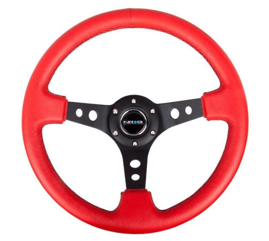 NRG Reinforced Steering Wheel (350mm / 3in. Deep) Red Leather/Blk Stitch w/Blk Spokes (Hole Cutouts) - Blais Performance Parts