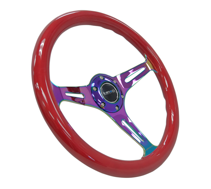 NRG Classic Wood Grain Steering Wheel (350mm) Red Grip w/Neochrome 3-Spoke Center - Blais Performance Parts