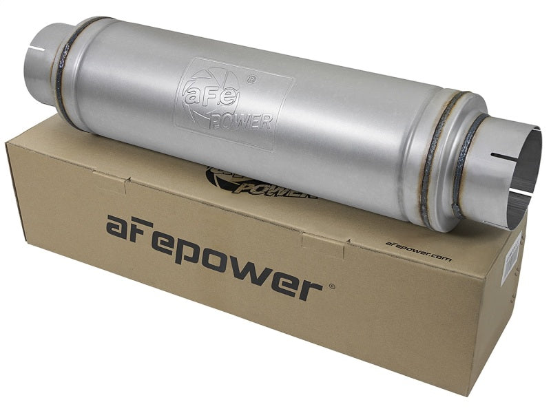 aFe ATLAS Aluminized Steel Muffler 5in Center/Center 24in L x 7in Diameter - Round Body - Blais Performance Parts