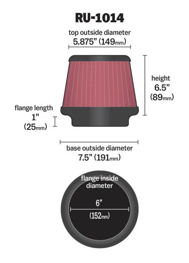 K&N Universal Tapered Filter 6in Flange ID x 7.5in Base OD x 5.875in Top OD x 6.5in Height - Blais Performance Parts