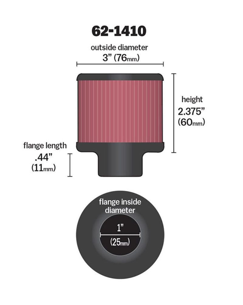 K&N 1 inch ID 3 inch OD 2.375 inch H Rubber Base Crankcase Vent Filter - Blais Performance Parts