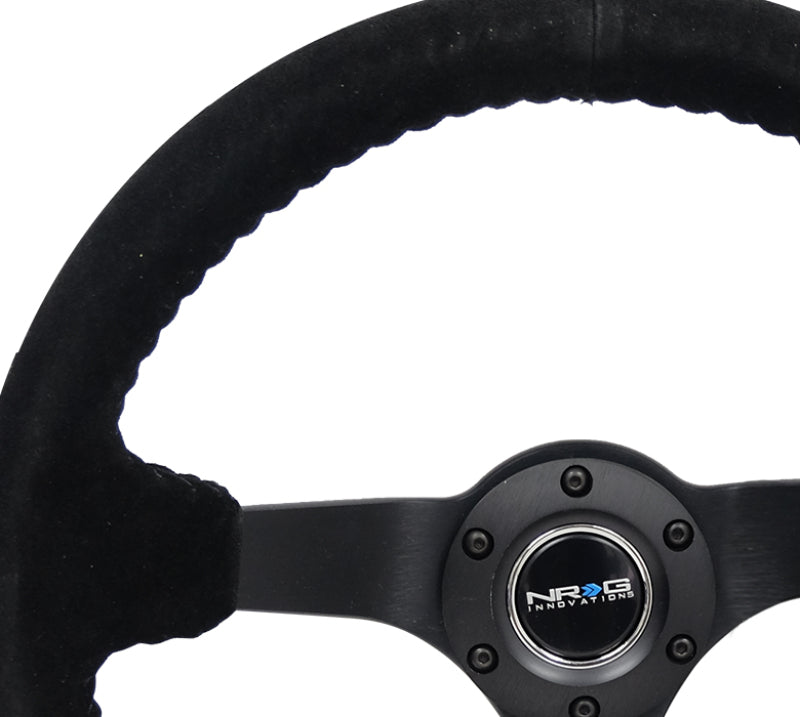 NRG Reinforced Steering Wheel (350mm / 3in. Deep) Blk Suede/Blk Bball Stitch w/5mm Matte Black Spoke - Blais Performance Parts