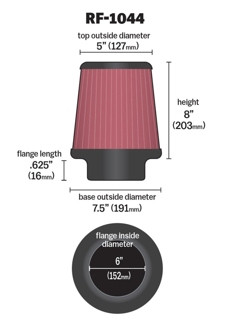 K&N Round Tapered Universal Air Filter 6 inch Flange 7.5 inch Base 5 inch Top 8 inch Height - Blais Performance Parts