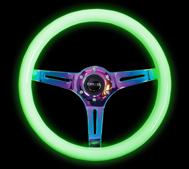 NRG Classic Wood Grain Steering Wheel (350mm) Glow-N-The-Dark Green Grip w/Neochrome 3-Spoke Center - Blais Performance Parts