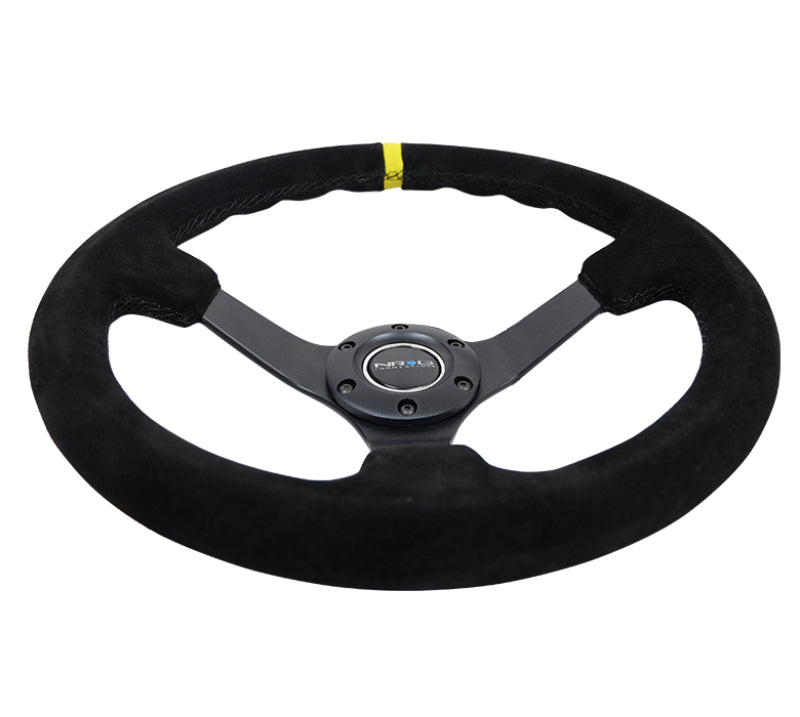 NRG Reinforced Steering Wheel (350mm / 3in. Deep) Blk Suede/X-Stitch w/5mm Blk Spoke & Yellow CM - Blais Performance Parts