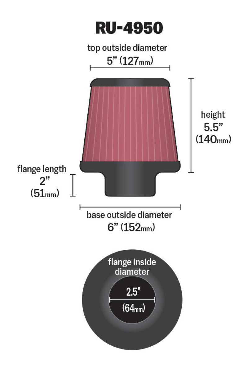 K&N Filter Universal Rubber Filter 2 1/2 inch Flange 6 inch Base 5 inch Top 5 1/2 inch Height - Blais Performance Parts