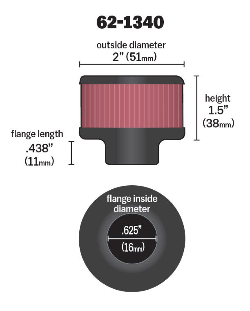 K&N 0.625 inch ID 2 inch OD 1.5 inch H Clamp On Crankcase Vent Filter - Blais Performance Parts