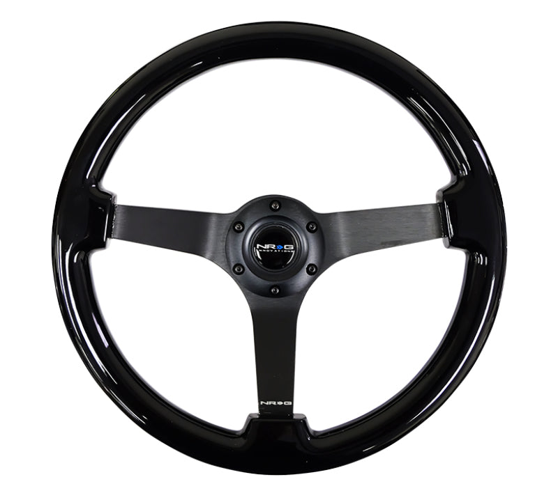 NRG Reinforced Steering Wheel (350mm / 3in. Deep) Black w/Black Chrome Solid 3-Spoke Center - Blais Performance Parts