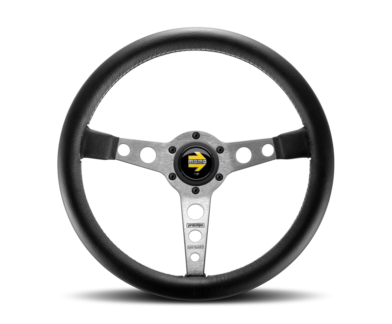 Momo Prototipo Steering Wheel 350 mm - Black Leather/Wht Stitch/Brshd Spokes - Blais Performance Parts