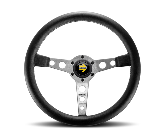 Momo Prototipo Steering Wheel 350 mm - Black Leather/Wht Stitch/Brshd Spokes - Blais Performance Parts