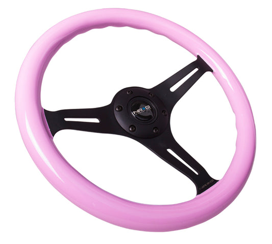 NRG Classic Wood Grain Steering Wheel (350mm) Solid Pink Painted Grip w/Black 3-Spoke Center - Blais Performance Parts