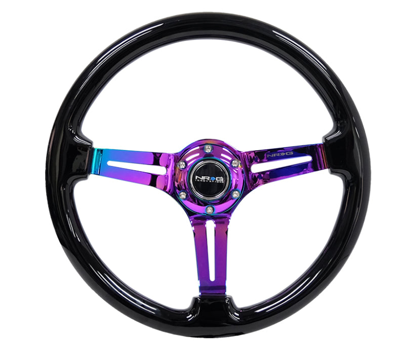 NRG Reinforced Steering Wheel (350mm / 3in. Deep) Blk Wood w/Blk Matte Spoke/Neochrome Center Mark - Blais Performance Parts