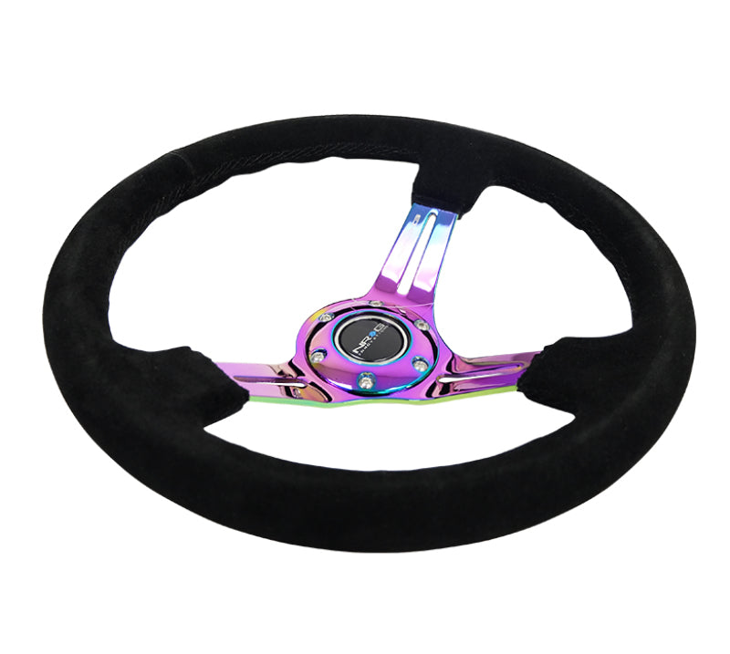 NRG Reinforced Steering Wheel (350mm / 3in. Deep) Blk Suede/Blk Stitch w/Neochrome Slits - Blais Performance Parts