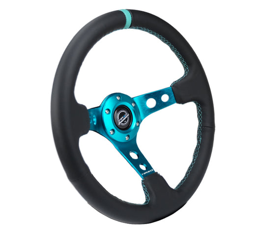 NRG Reinforce Steering Wheel (350mm / 3in. Deep) Blk Leather, Teal Center Mark w/ Teal Stitching - Blais Performance Parts