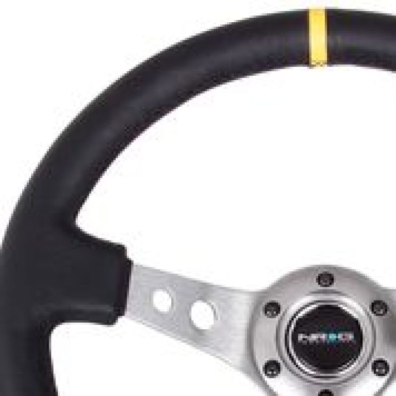 NRG Reinforced Steering Wheel (350mm / 3in. Deep) Blk Leather w/Gunmetal Cutout Spoke & Yellow CM - Blais Performance Parts