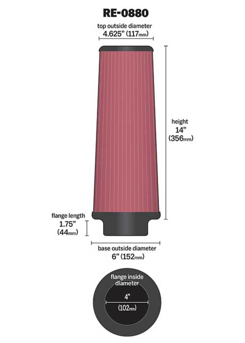 K&N Universal Rubber Filter 4inch FLG / 6inch OD-B / 4-5/8inch OD-T / 14inch H - Blais Performance Parts