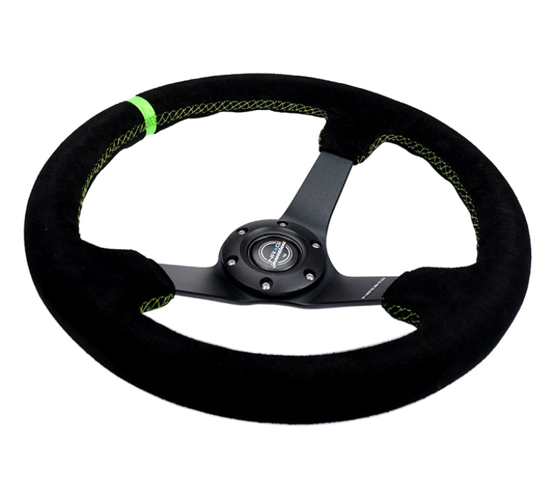 NRG Reinforced Steering Wheel 350mm/3in. Deep Blk Suede/ Neon Green Stitch w/5mm Matte Black Spoke - Blais Performance Parts