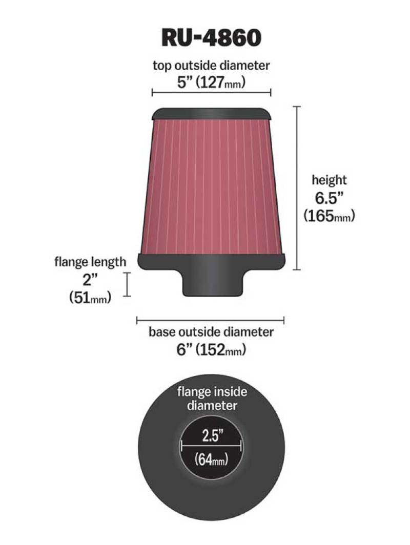 K&N Filter Universal Rubber Filter 2 1/2 inch Flange 6 inch Base 5 inch Top 6 1/2 inch Height - Blais Performance Parts