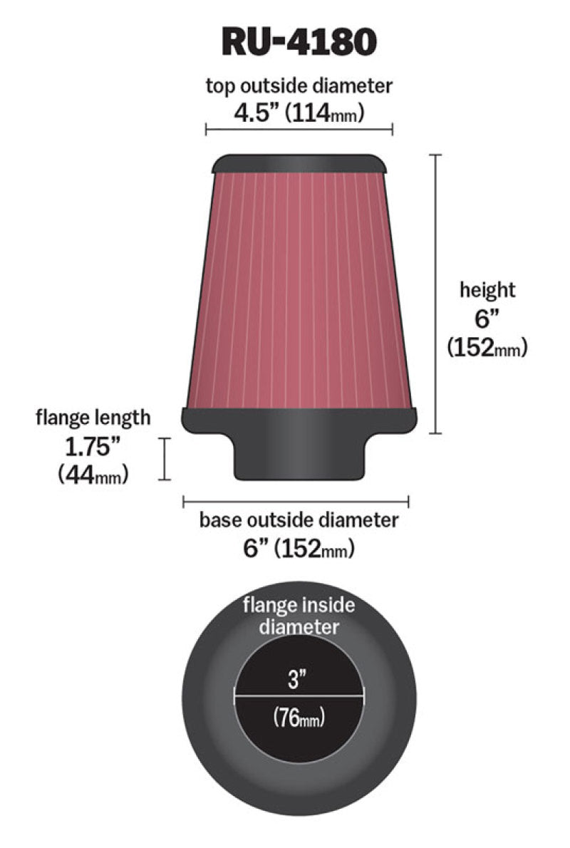 K&N Universal Clamp-On Air Filter 3in FLG / 6in B / 4-1/2in T / 6in H - Blais Performance Parts