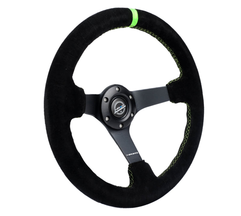 NRG Reinforced Steering Wheel 350mm/3in. Deep Blk Suede/ Neon Green Stitch w/5mm Matte Black Spoke - Blais Performance Parts