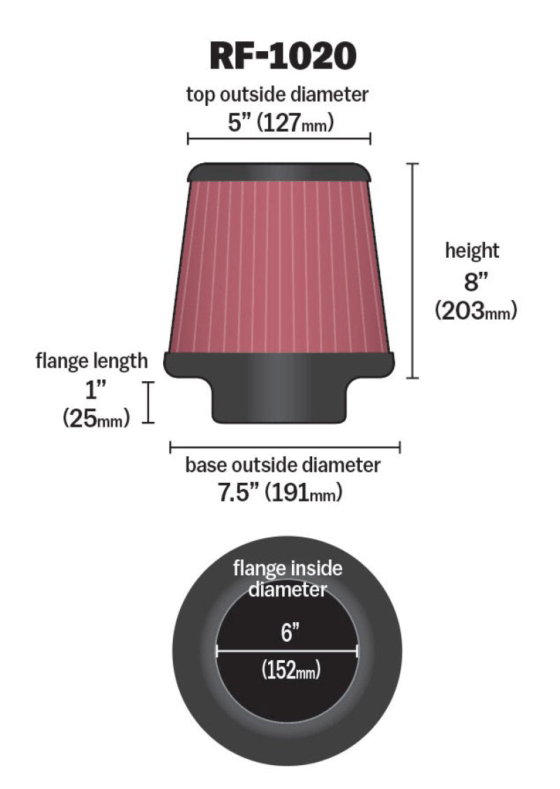 K&N Universal Air Filter 6in Flange ID x 7.5in Base / 5in OD Top x 8in H - Blais Performance Parts