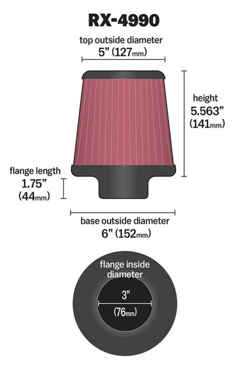 K&N Filter Universal X Stream Clamp-On 3 inch Flange 6 inch Base  5 inch Top 5 9/16 inch Height - Blais Performance Parts