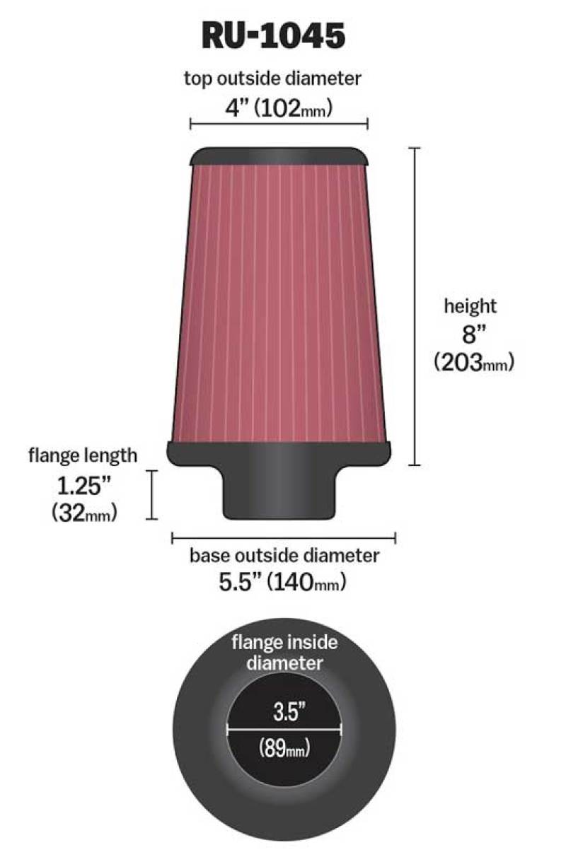 K&N Universal Tapered Filter 3.5in Flange ID x 5.5in Base OD x 4in Top OD x 8in Height - Blais Performance Parts