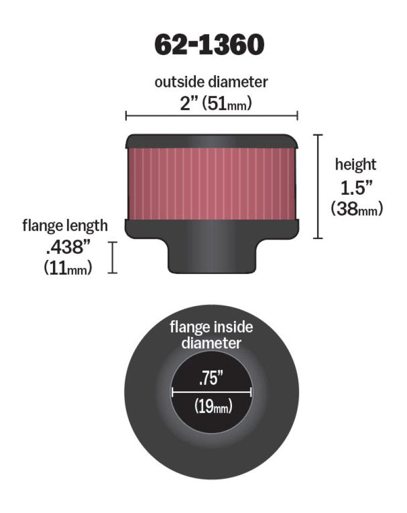 K&N 3/4 inch ID 2 inch OD 1.5 inch H Clamp On Crankcase Vent Filter - Blais Performance Parts