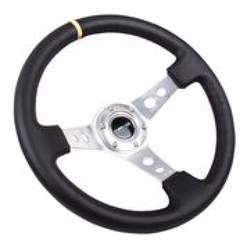 NRG Reinforced Steering Wheel (350mm / 3in. Deep) Blk Leather w/Circle Cut Spokes & Single Yellow CM - Blais Performance Parts