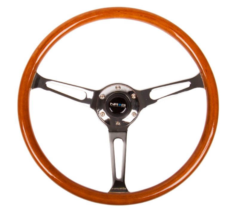 NRG Reinforced Steering Wheel (360mm) Classic Wood Grain w/Chrome Cutout 3-Spoke Center - Blais Performance Parts