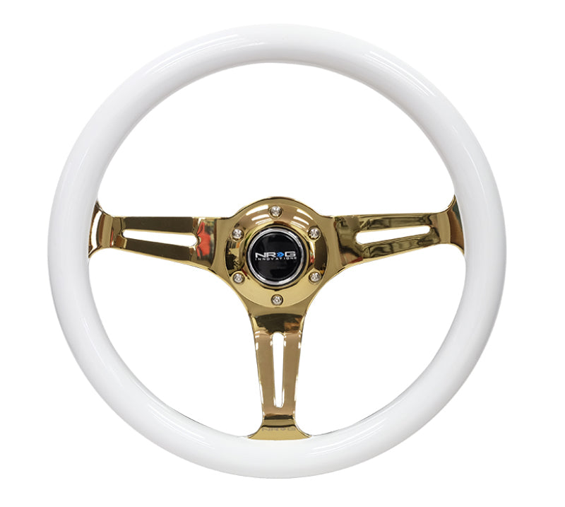 NRG Classic Wood Grain Steering Wheel (350mm) White Grip w/Chrome Gold 3-Spoke Center - Blais Performance Parts