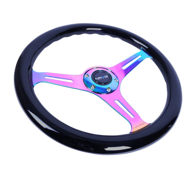 NRG Classic Wood Grain Steering Wheel (350mm) Black Paint Grip w/Neochrome 3-Spoke Center - Blais Performance Parts