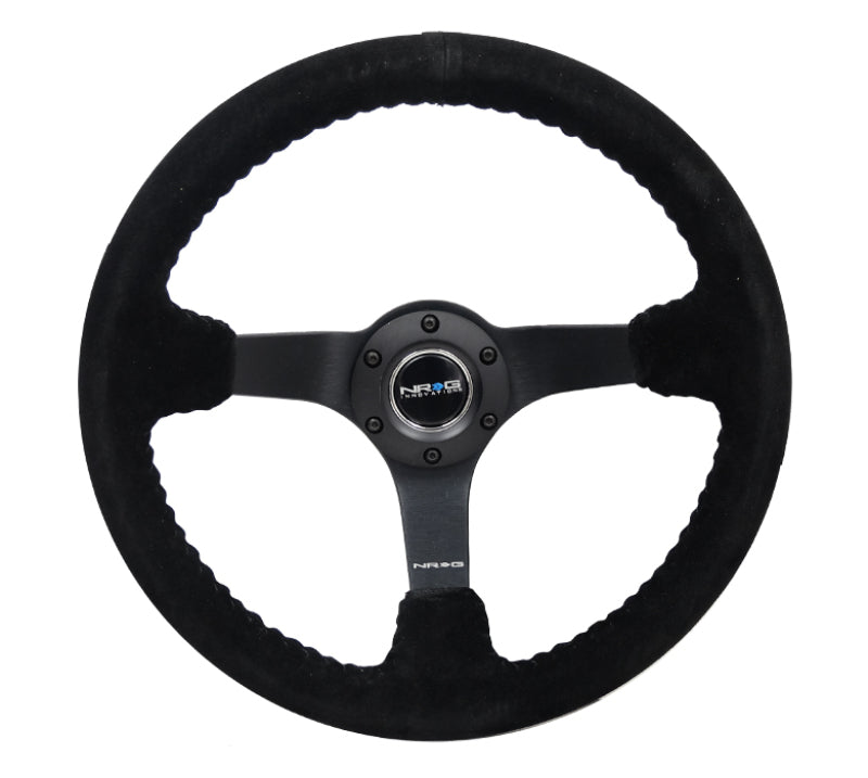 NRG Reinforced Steering Wheel (350mm / 3in. Deep) Blk Suede/Blk Bball Stitch w/5mm Matte Black Spoke - Blais Performance Parts