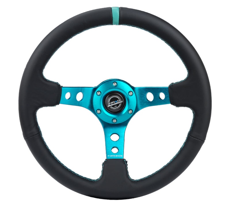 NRG Reinforce Steering Wheel (350mm / 3in. Deep) Blk Leather, Teal Center Mark w/ Teal Stitching - Blais Performance Parts