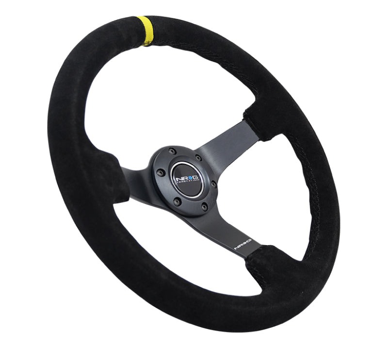 NRG Reinforced Steering Wheel (350mm / 3in. Deep) Blk Suede/X-Stitch w/5mm Blk Spoke & Yellow CM - Blais Performance Parts