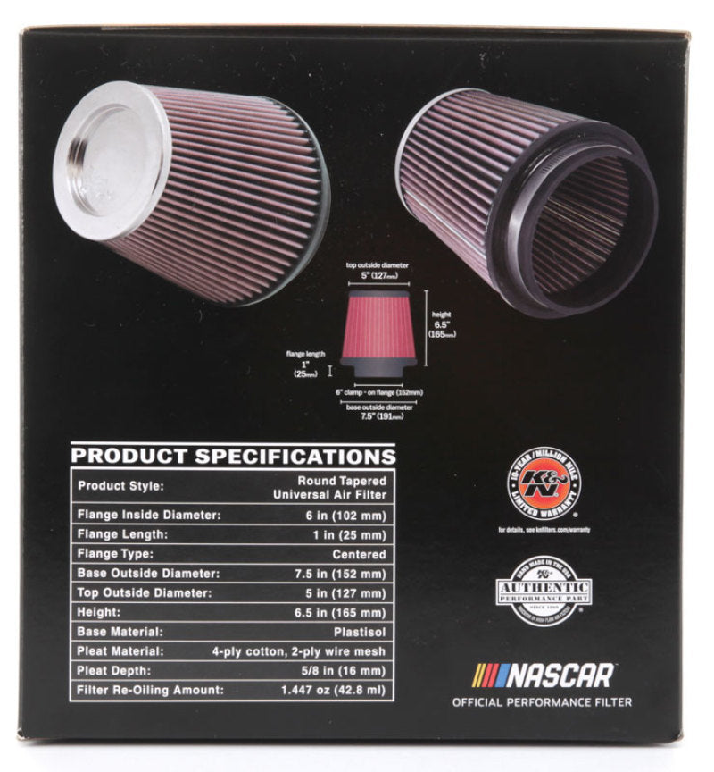 K&N Round Tapered Universal Air Filter 6in Flange ID x 7.5in Base OD x 5in Top OD x 6.5in Height - Blais Performance Parts