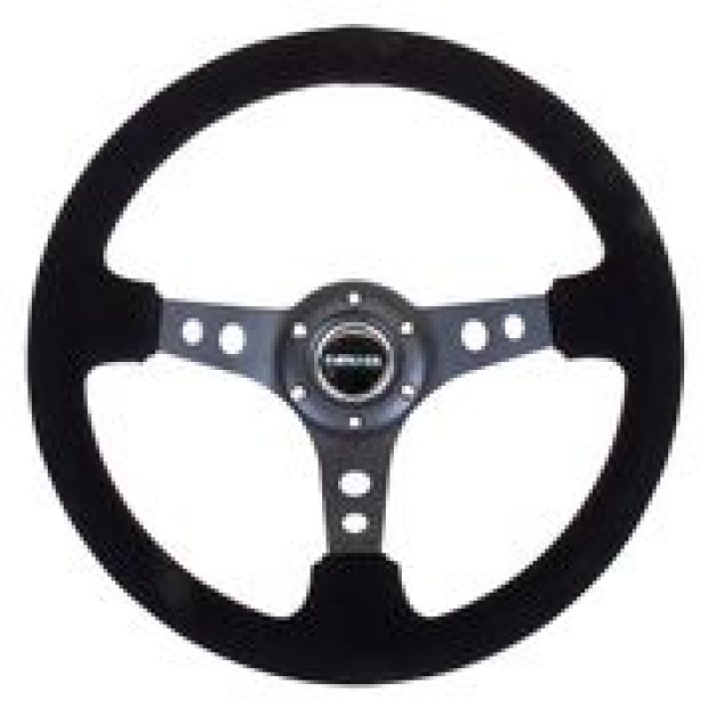 NRG Reinforced Steering Wheel (350mm / 3in. Deep) Blk Suede/Blk Stitch w/Black Circle Cutout Spokes - Blais Performance Parts