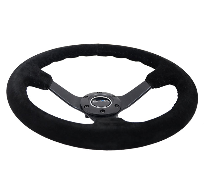 NRG Reinforced Steering Wheel (350mm / 3in. Deep) Blk Suede/Blk Bball Stitch w/5mm Matte Black Spoke - Blais Performance Parts