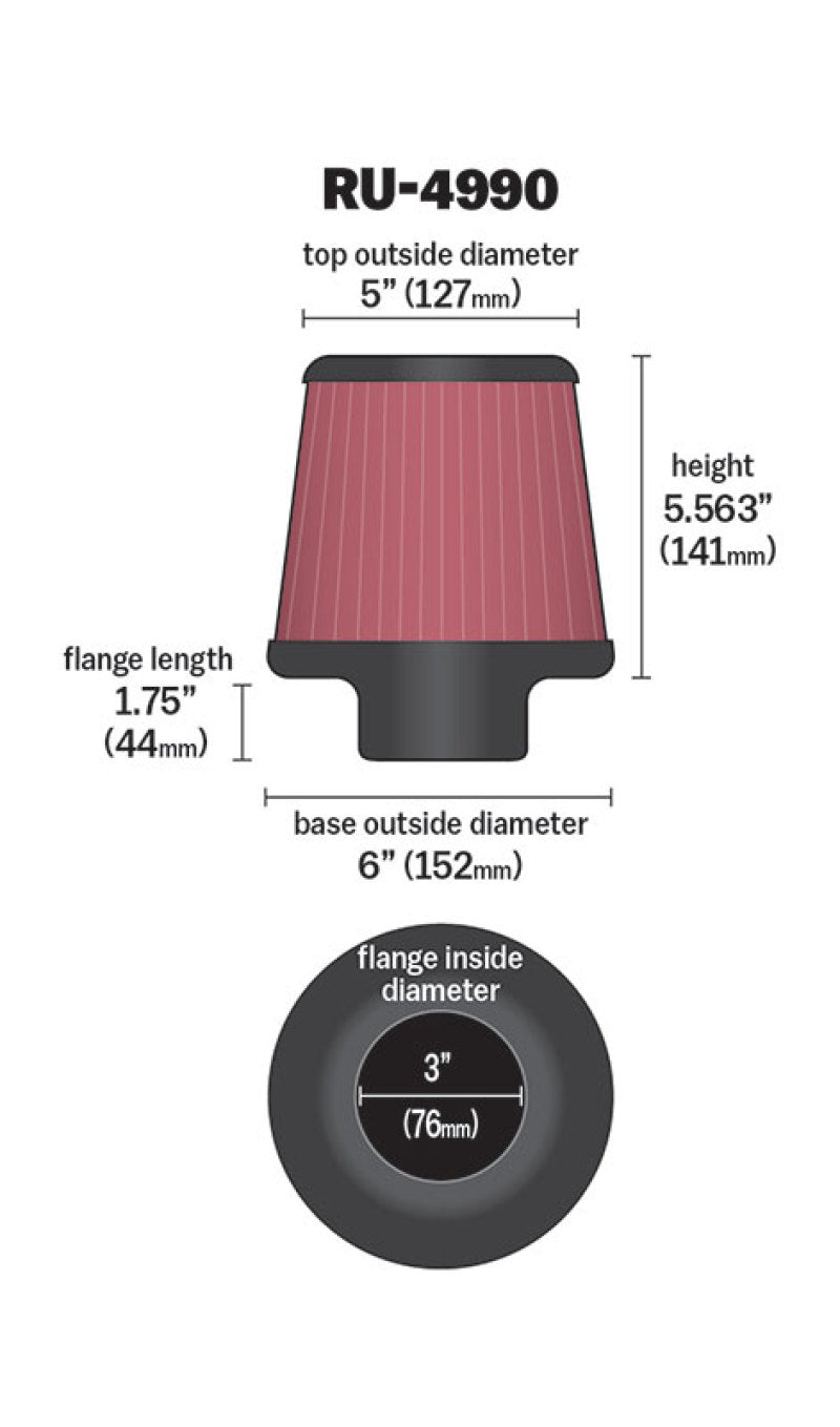 K&N Filter Universal Rubber Filter-Rd Tapered 3in Flange ID x 6in Base OD x 5in Top OD x 5.563in H - Blais Performance Parts