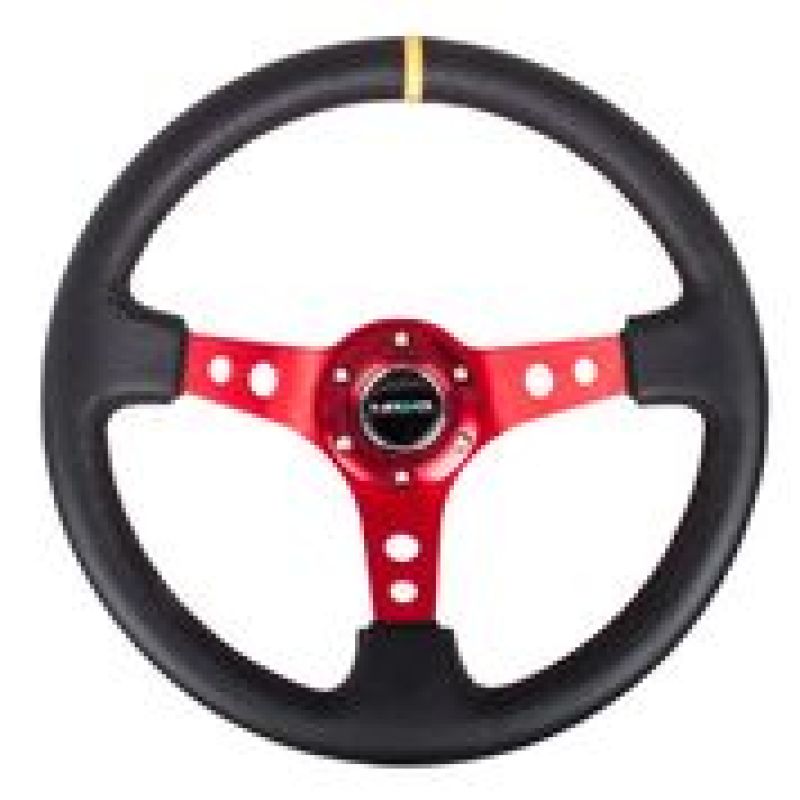 NRG Reinforced Steering Wheel (350mm / 3in. Deep) Blk Leather w/Red Spokes & Sgl Yellow Center Mark - Blais Performance Parts