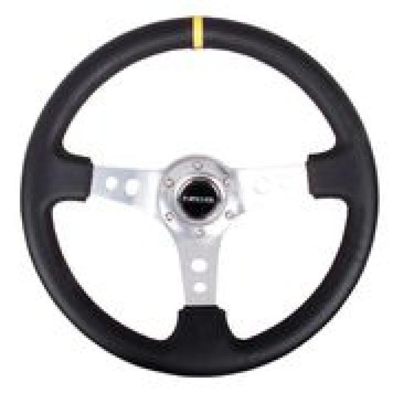 NRG Reinforced Steering Wheel (350mm / 3in. Deep) Blk Leather w/Circle Cut Spokes & Single Yellow CM - Blais Performance Parts