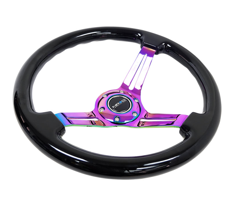 NRG Reinforced Steering Wheel (350mm / 3in. Deep) Blk Wood w/Blk Matte Spoke/Neochrome Center Mark - Blais Performance Parts