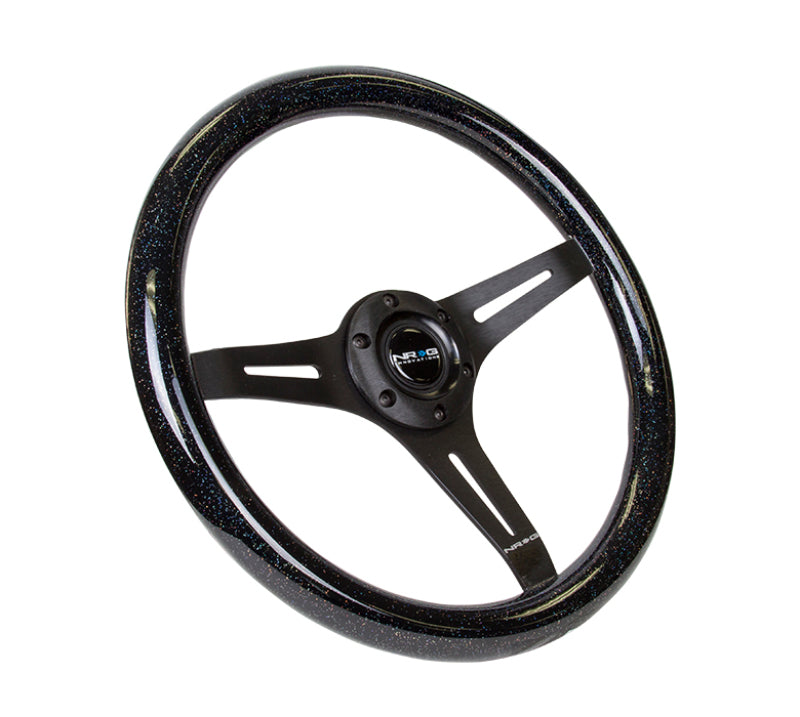 NRG Classic Wood Grain Steering Wheel (350mm) Black Sparkled Grip w/Black 3-Spoke Center - Blais Performance Parts