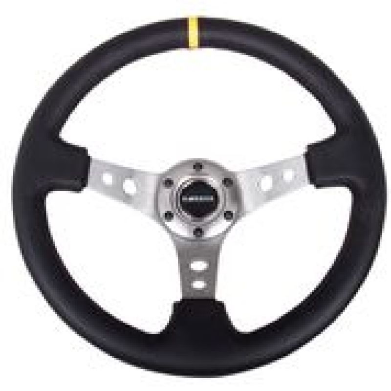 NRG Reinforced Steering Wheel (350mm / 3in. Deep) Blk Leather w/Gunmetal Cutout Spoke & Yellow CM - Blais Performance Parts