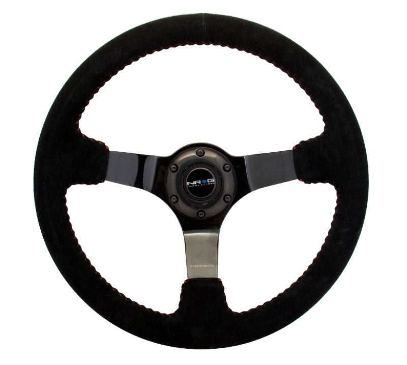 NRG Reinforced Steering Wheel (350mm / 3in. Deep) Blk Suede w/Red BBall Stitch & Black 3-Spoke - Blais Performance Parts